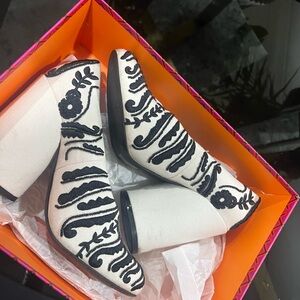 Tory Burch Black and White Embroidered Heeled Boots